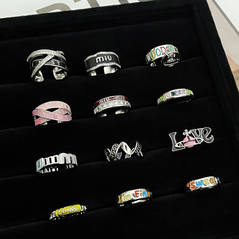 Punk Letter Colored Drip Glaze Open Rings
