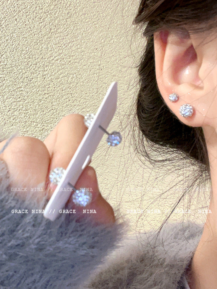 Women's Spiral Small Exquisite Shining Diamond Ball Ear Bone Pin Earrings