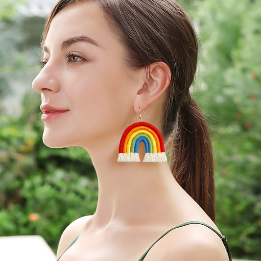Pastoral Style Bohemian Rainbow Hand-woven Exaggerated Earrings