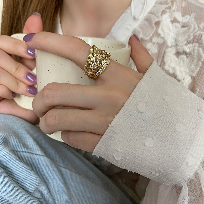 Women's Retro Open Pleated Irregular Concave Sterling Sier Rings