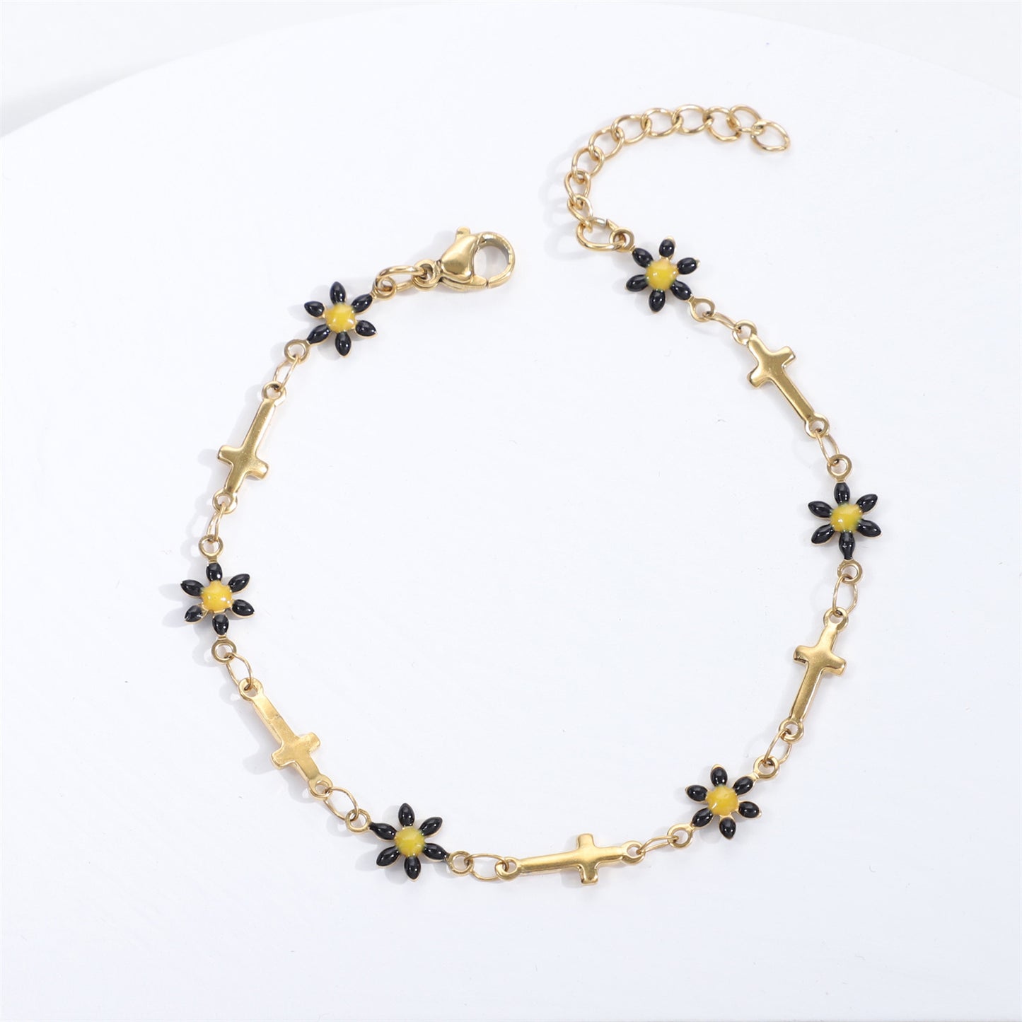 Gold Gaanized Enamel Colorful Oil Cross Chrysanthemum Unique Fashion Stainless Bracelet