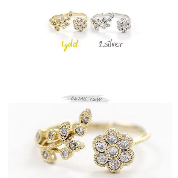 Style Refined Rhinestone Twisted Leaf Flower Open Rings