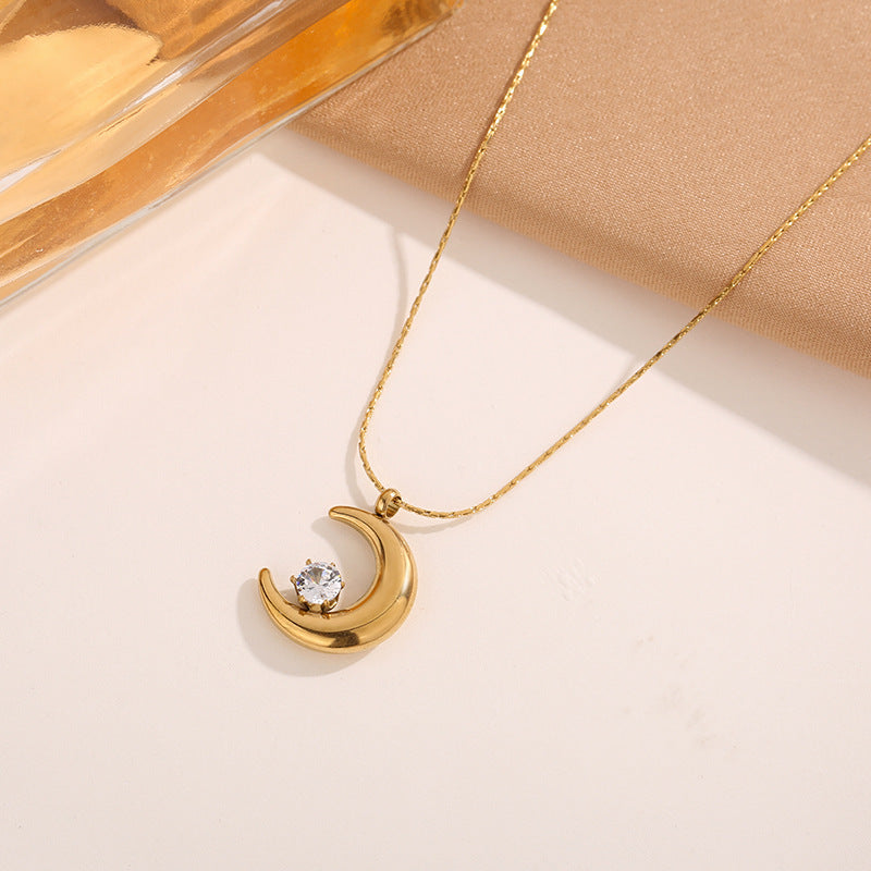 Crescent Moon Rhinestones Titanium Steel Goddess Necklaces