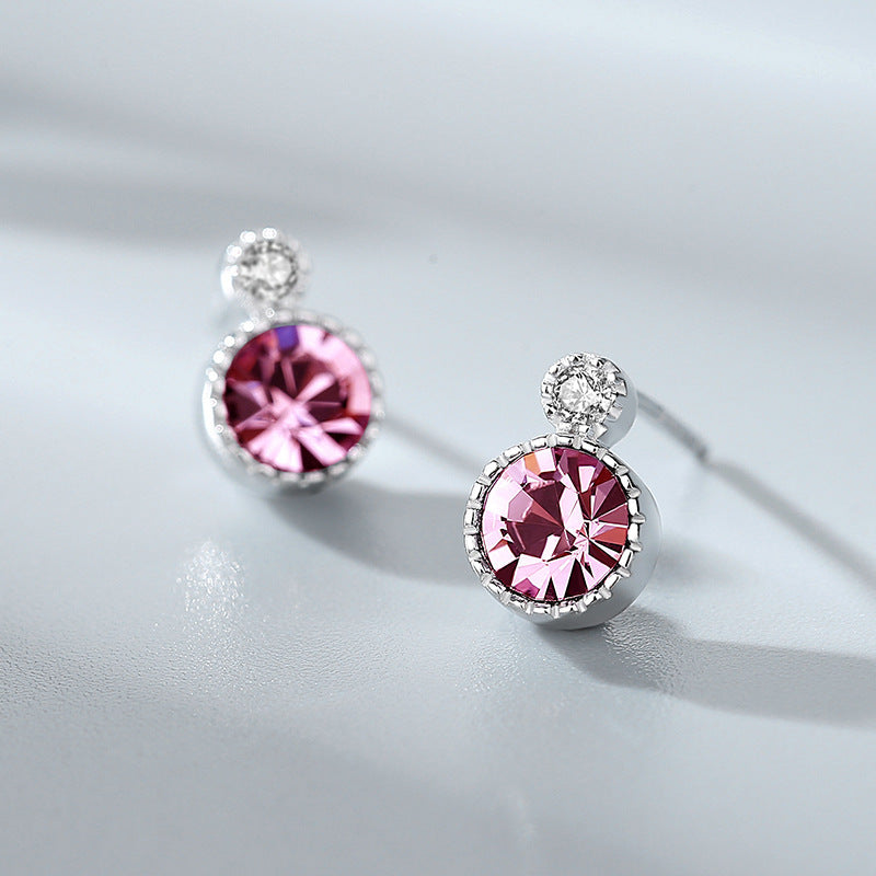Round Ornament Sier Crystal Small Beautiful Earrings