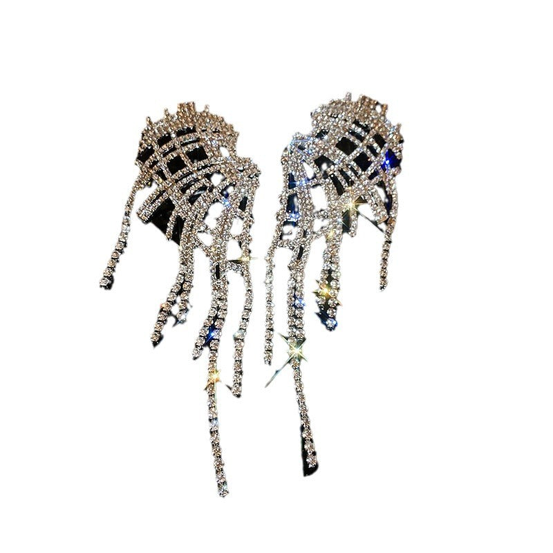 Needle Artificial Pearl Full Diamond Triangle Earrings