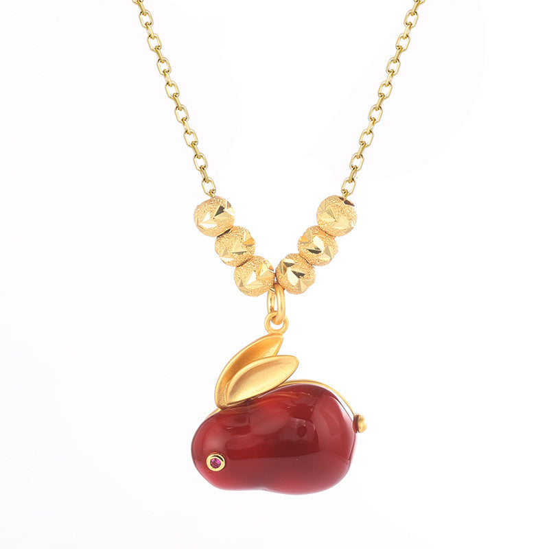 Red Agate Rabbit Sier Plated Cute Necklaces