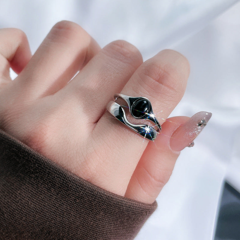 Black Zircon Texture Pleated Butterfly Opening Female Graceful Fashionable Rings