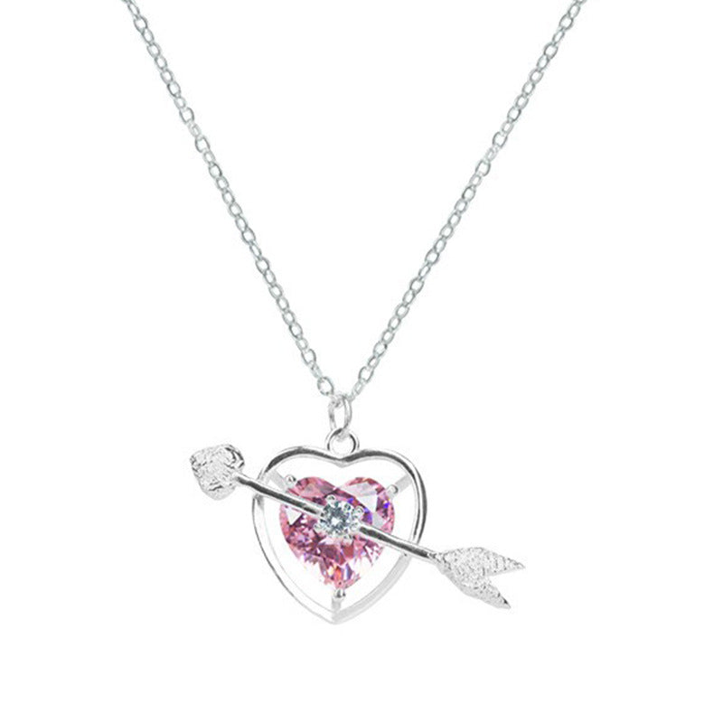 Through Heart Pink Diamond Female Fashion Clavicle Chain Necklaces