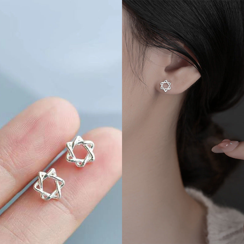 Sier Three-dimensional Hollow Hexagram Style Sweet Earrings