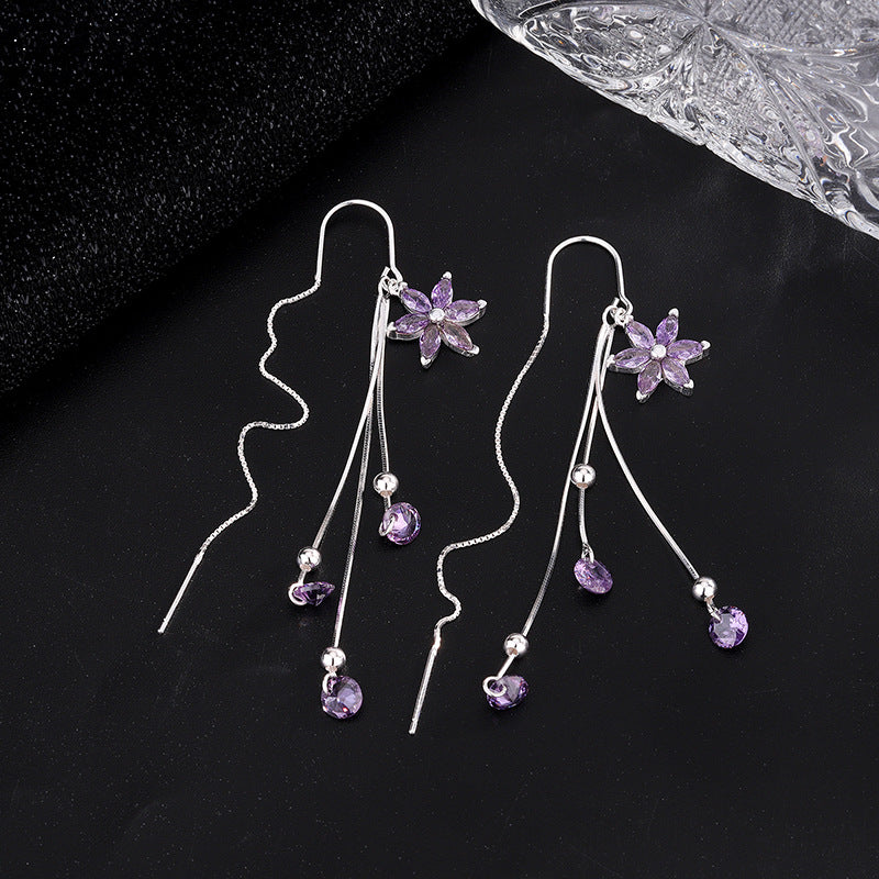 Long Super Shiny Small Flower Tassel Earrings