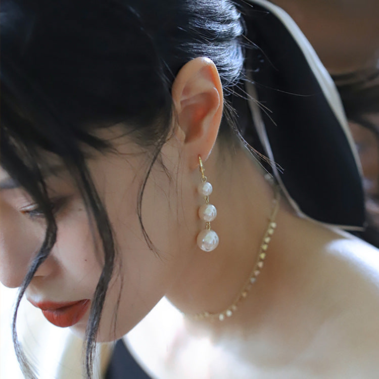 Women's French Red Ball Pearl Temperamental Tassels Earrings