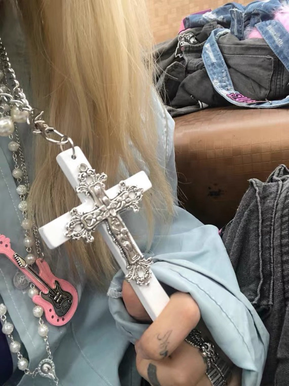 Homemade Gothic Style Cross Pink Guitar Necklaces