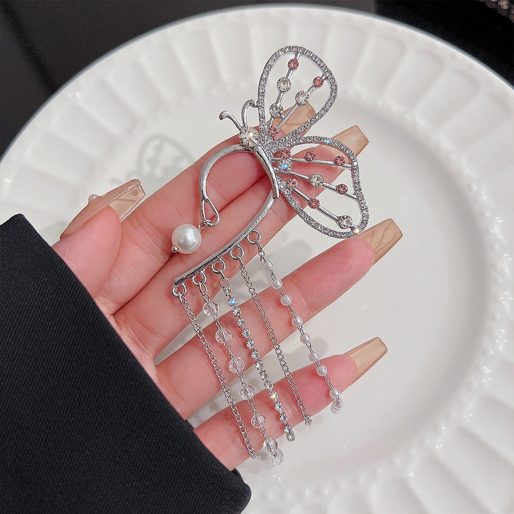 Women's Butterfly Tassel Pearl Rhinestone Ear Hanging Earrings