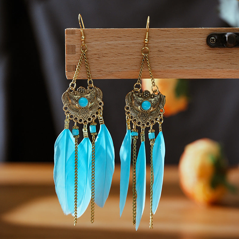 Court Style Fan-shaped Diamond Feather Long Personalized Earrings