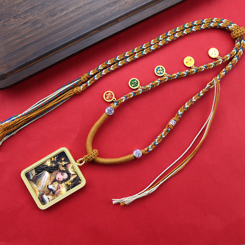 Tibetan Hand Painted Golden Outline Eight Patron Saints Double-sided Necklaces