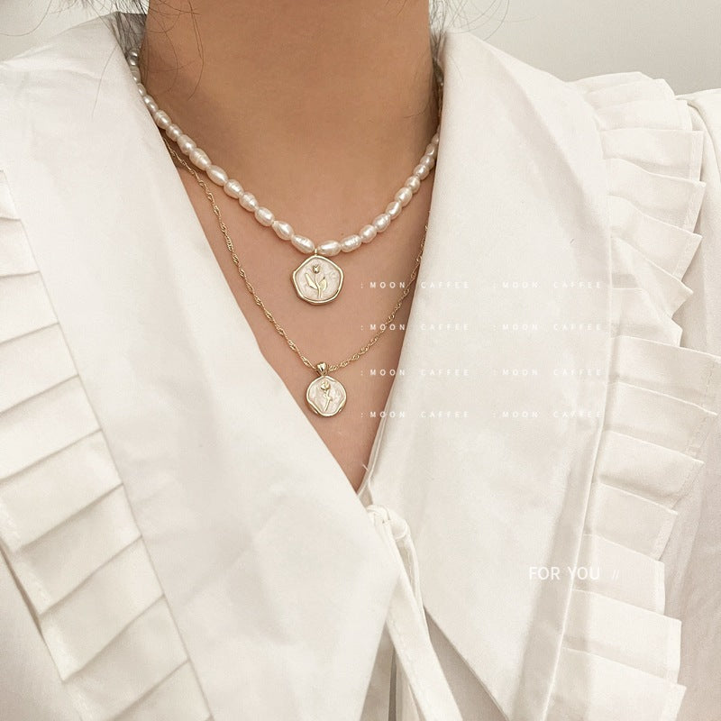 Elegant Pearl White Enamel Vintage Rose Necklaces