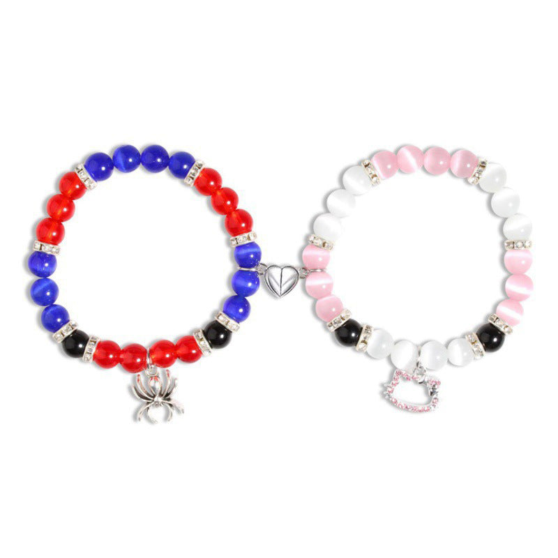 Spider Cat Couple Crystal Opal Magnet Bracelets