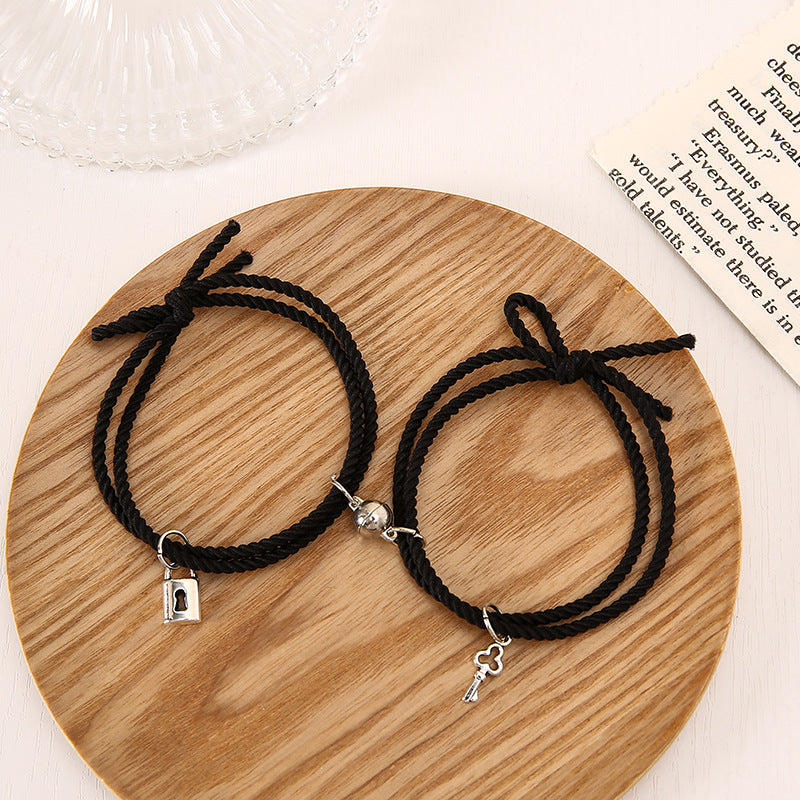 Simple Lock Key Rubber Band Rope Magnetic Couple Pair Bracelets