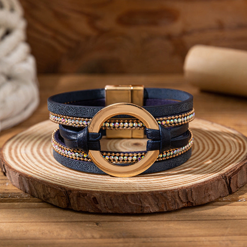 Personalized Big Circle Leather Niche Golden Rhinestone Bracelets