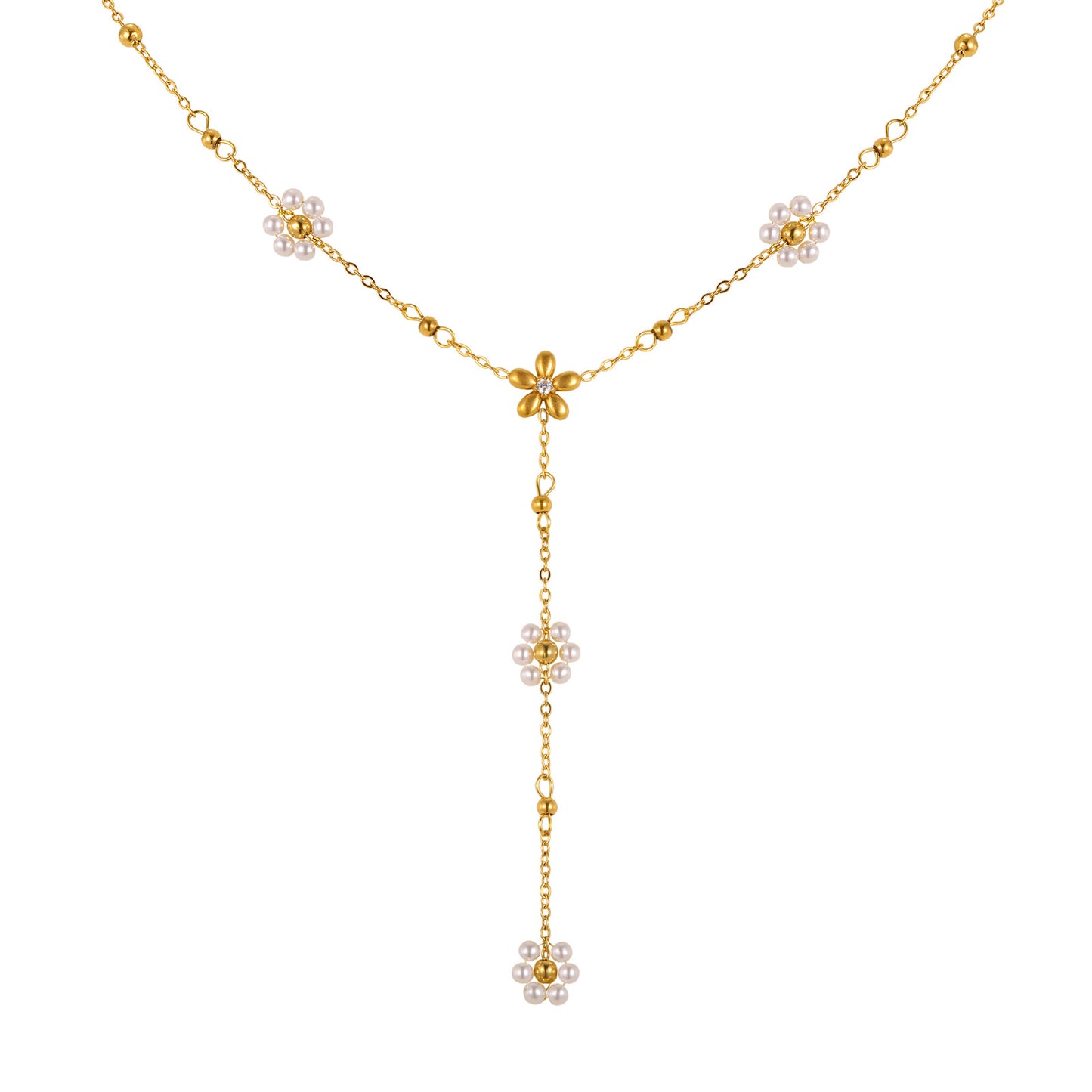 Women's Stainless Steel Flower Pearl Y-shaped Gold Clavicle Chain Necklace