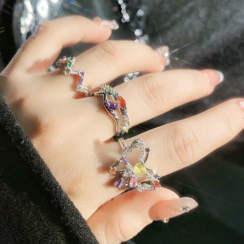 Colorful Crystals Zircon Light Luxury Open Female Design Rings
