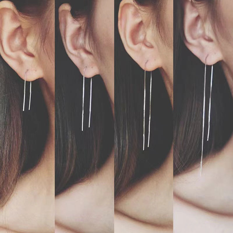 Women's Sier Simple Hanging Extra Long Ear Chain Earrings