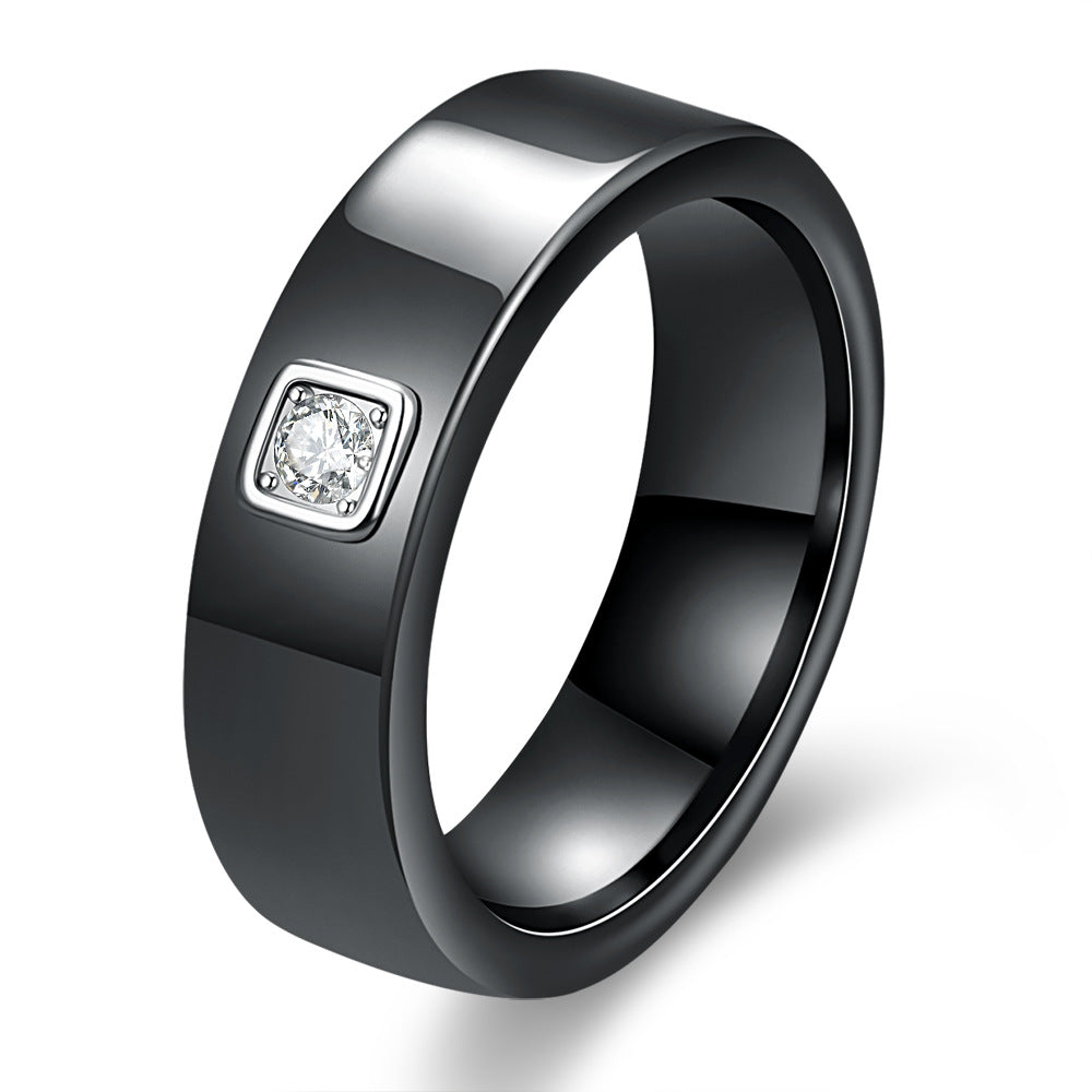 Women's & Men's Black White Ceramic Single Rhinestone Simple Rings