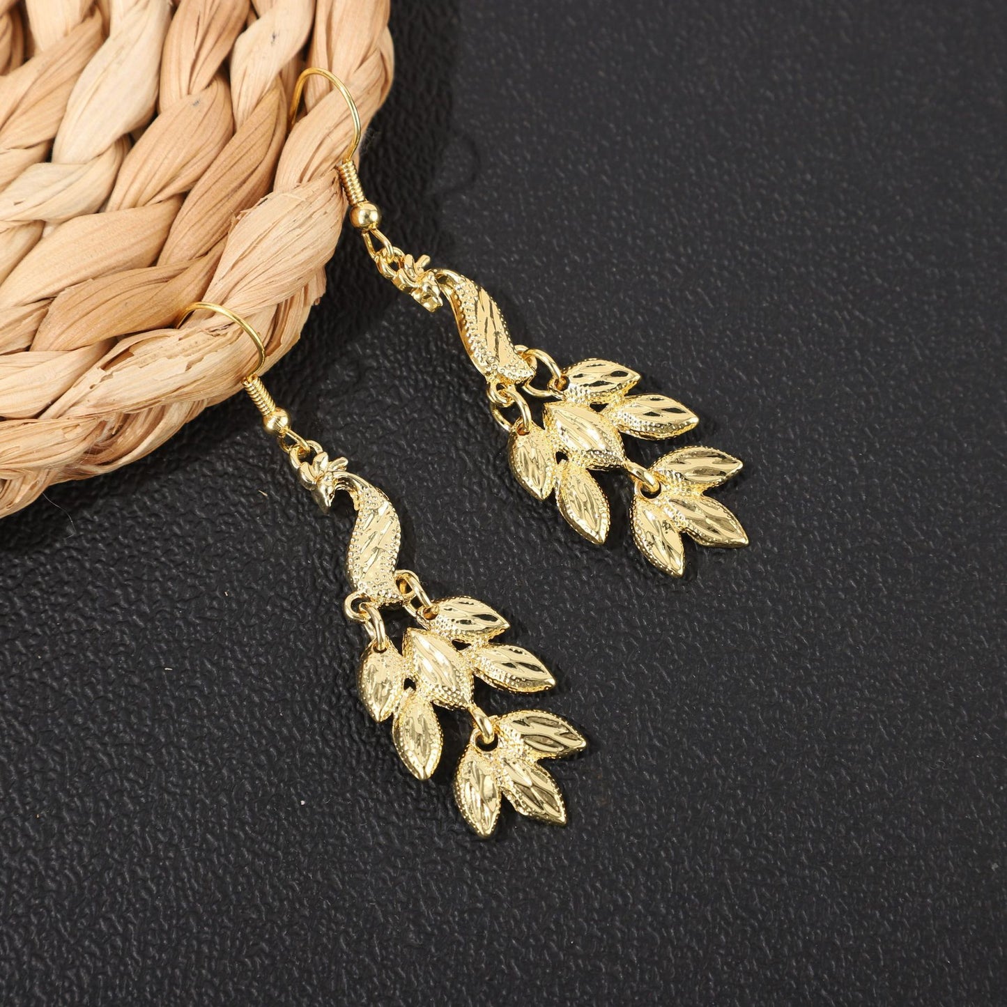 Golden Bell Tassel Bohemian Leaf National Earrings