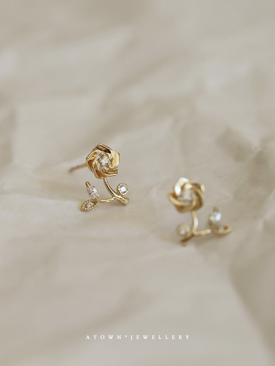 Gold-plated One Rose Small Diamond Elegant Earrings
