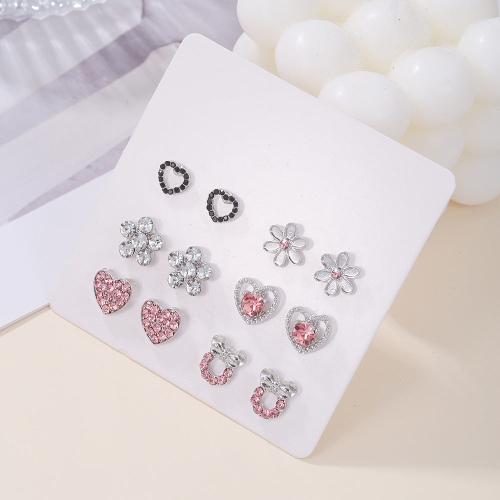 Fashion Heart-shaped Full Of Diamond Combination Pink Suit Earrings
