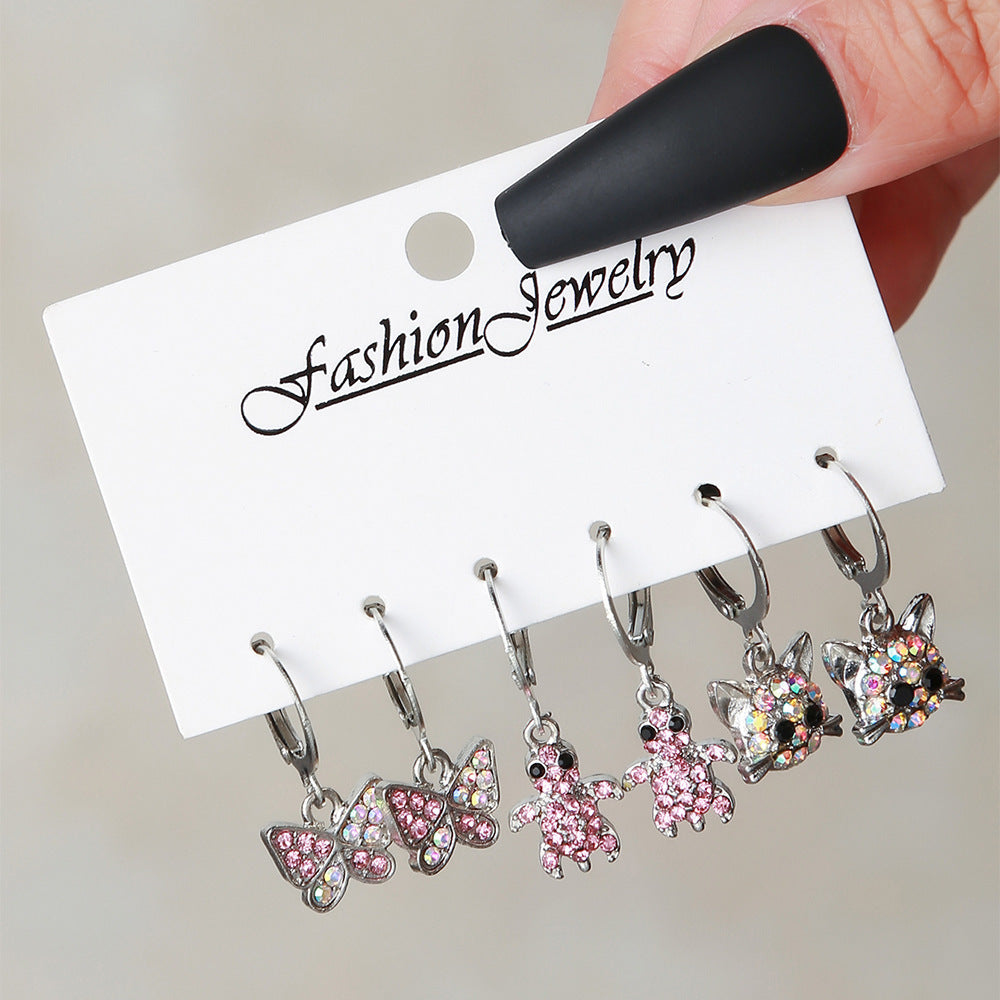Fashion Heart-shaped Full Of Diamond Combination Pink Suit Earrings