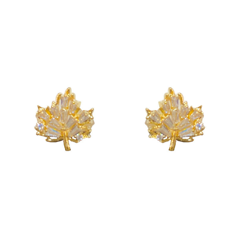 Sparkling Full Rhinestone Maple Leaf Simple Earrings