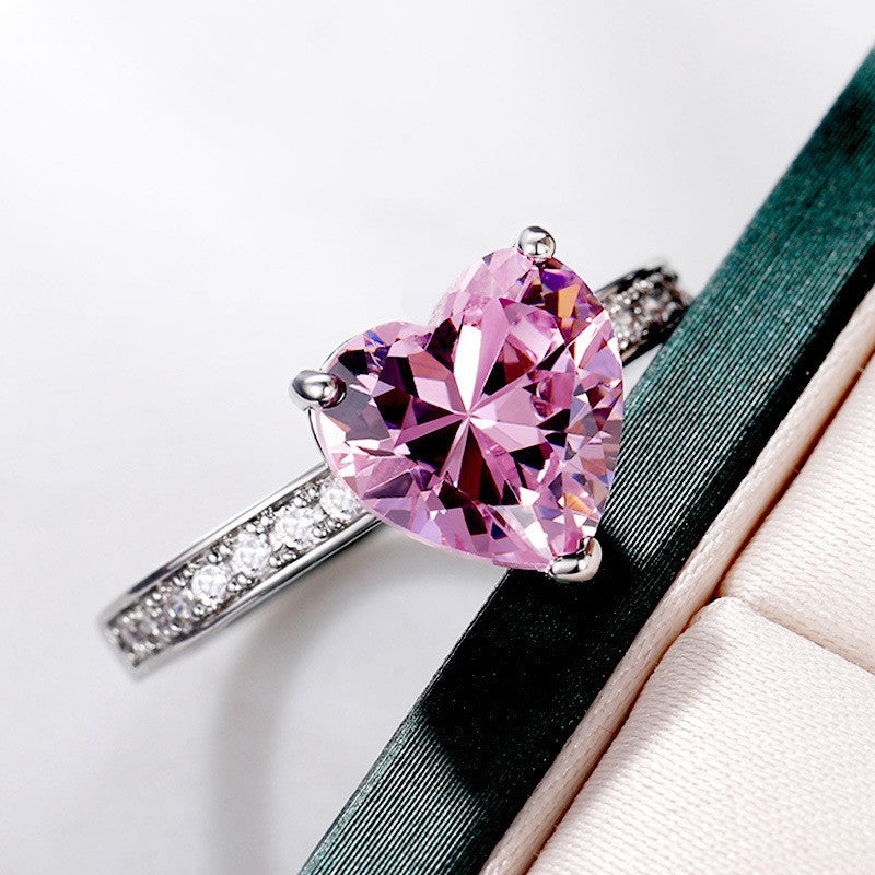 Women's Wedding Inlaid Heart-shaped Pink Diamond Zircon Rings