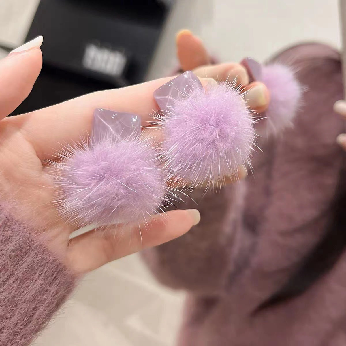 Purple Green Fur Ball Mink Plush Earrings