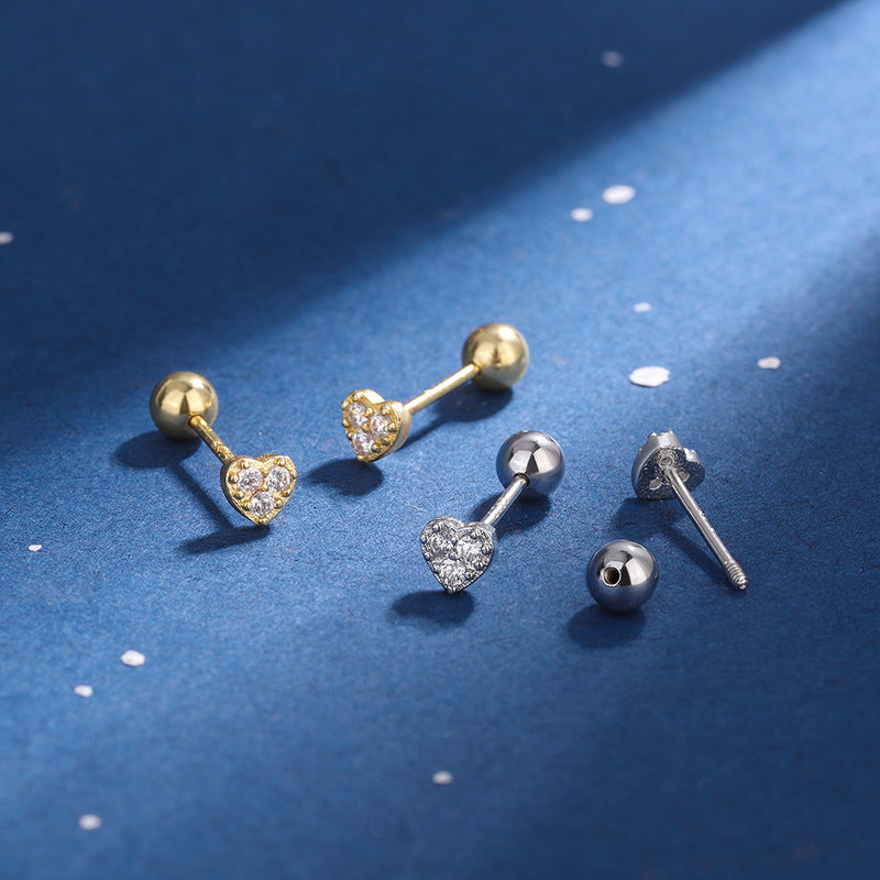 Women's Heart Mini Small Clear Temperament Wild Screw Earrings