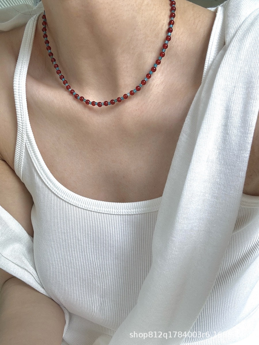Style Natural Blue Red Agate Flower Retro Necklaces
