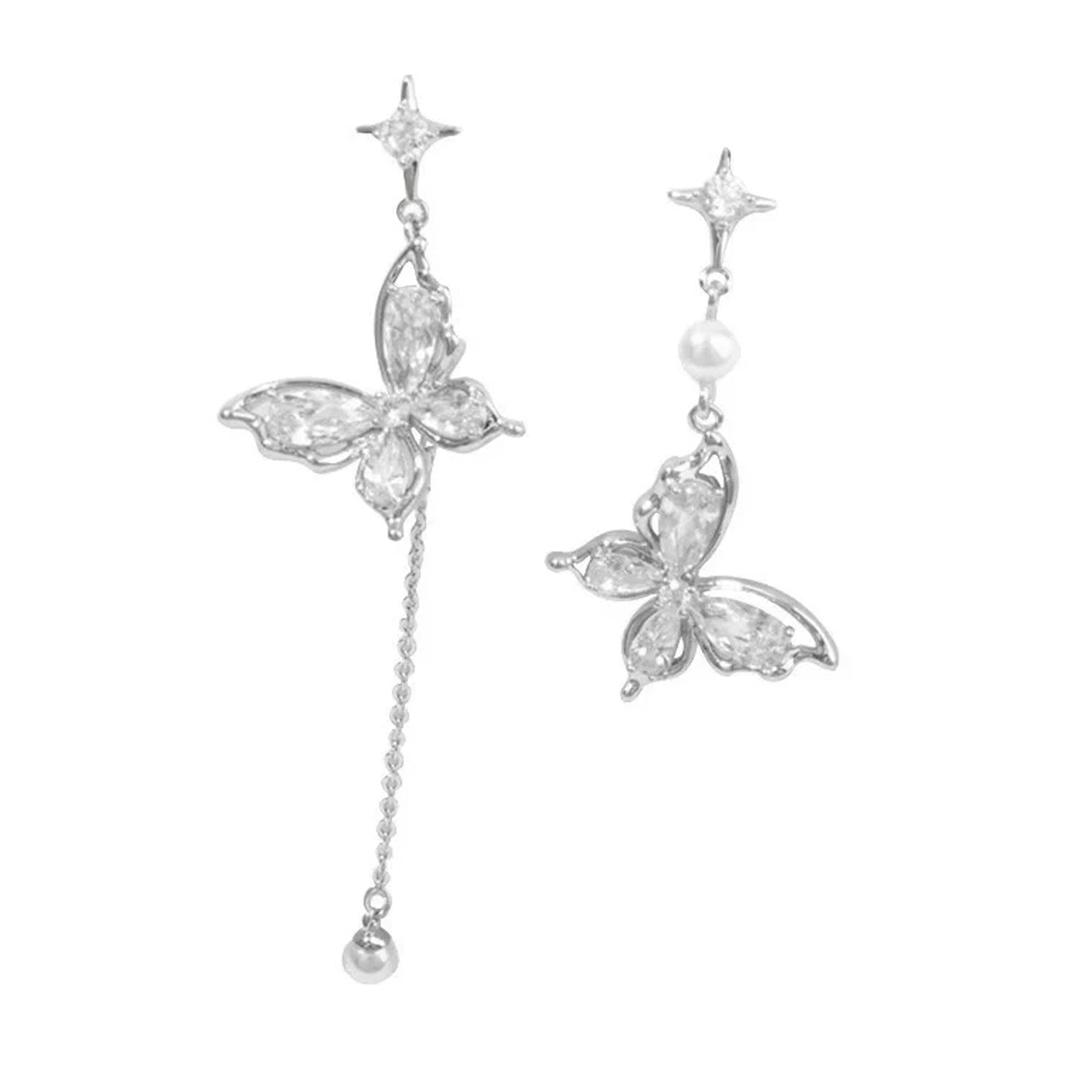 Butterfly Zircon Pearl Tassel Female Asymmetric Stud Earrings
