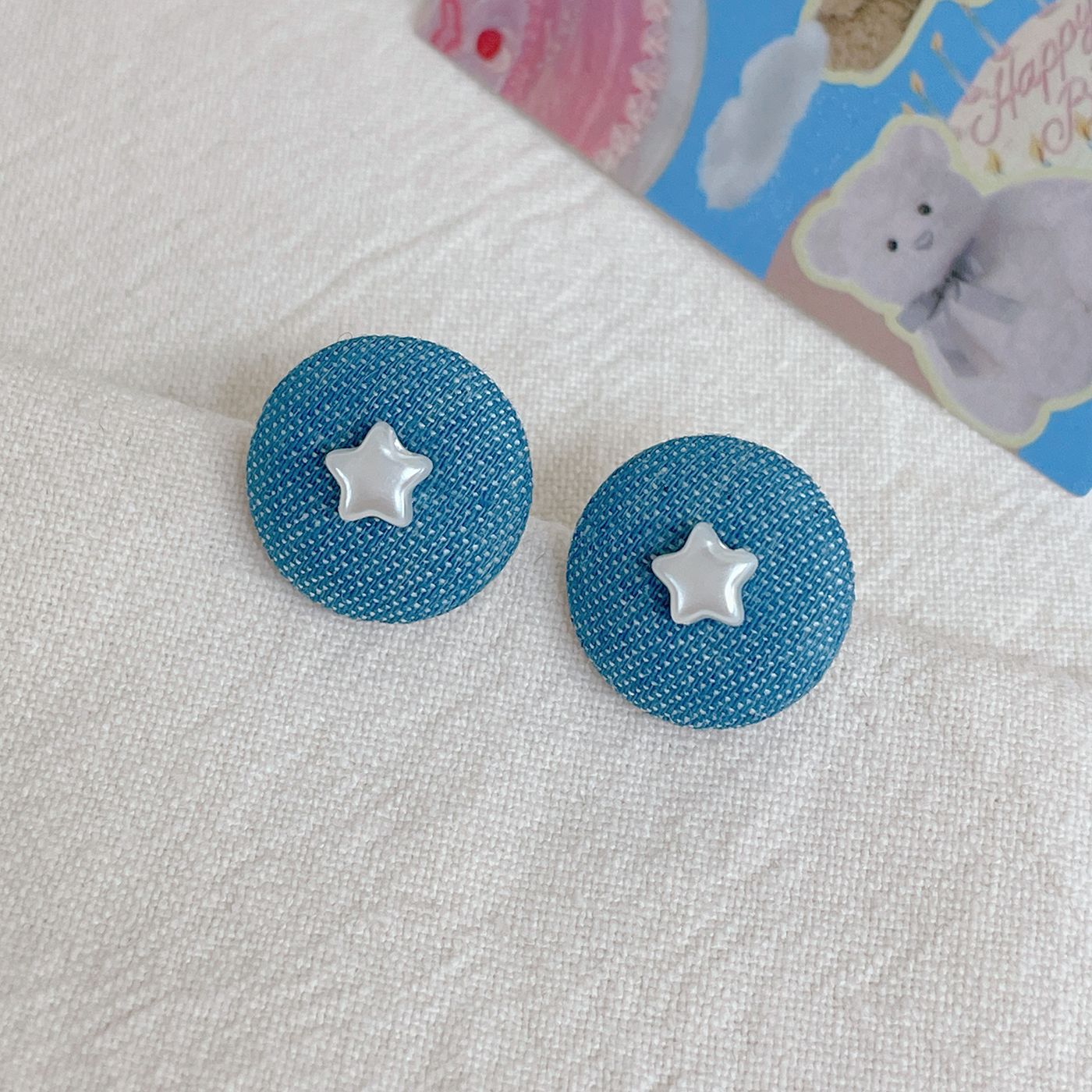 Women's Denim Blue Fabric Ball Sier Needle Love Earrings