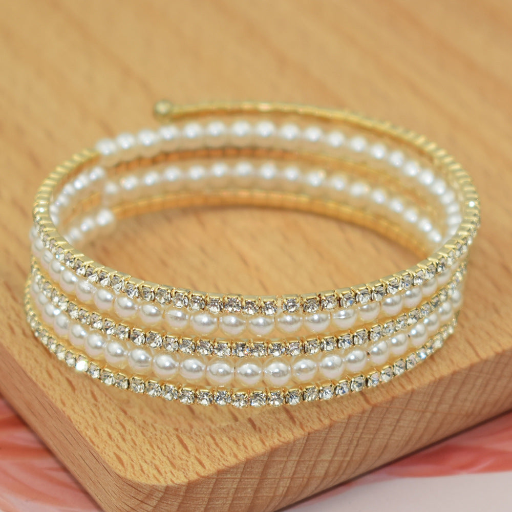 Fashion Shiny Rhinestone Pearl Row Brace Bracelet