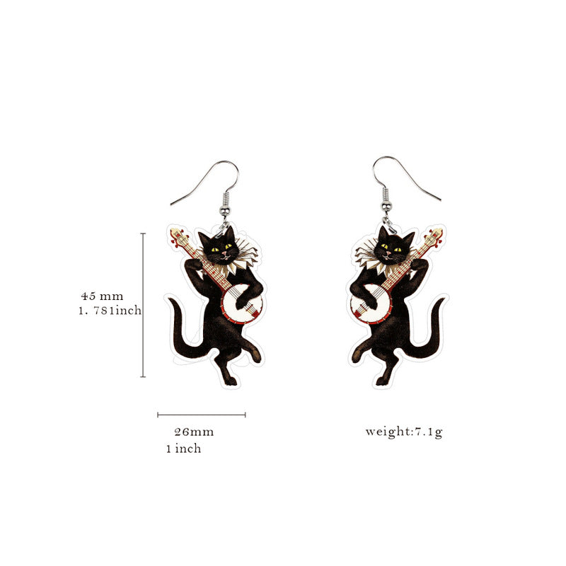 Piano Guitar Black Cat Ballet Dance Earrings