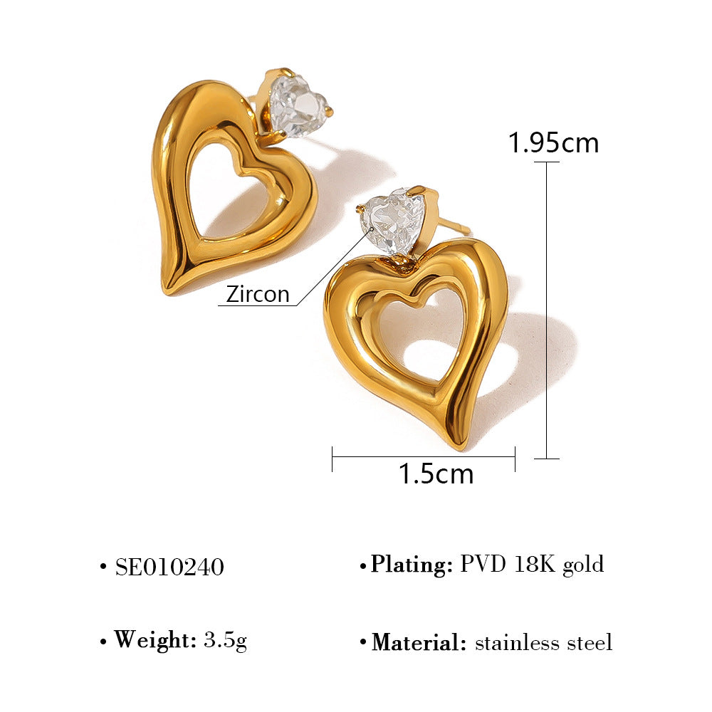 Women's Steel Hollow Diamond Double Heart Simple Glossy Earrings