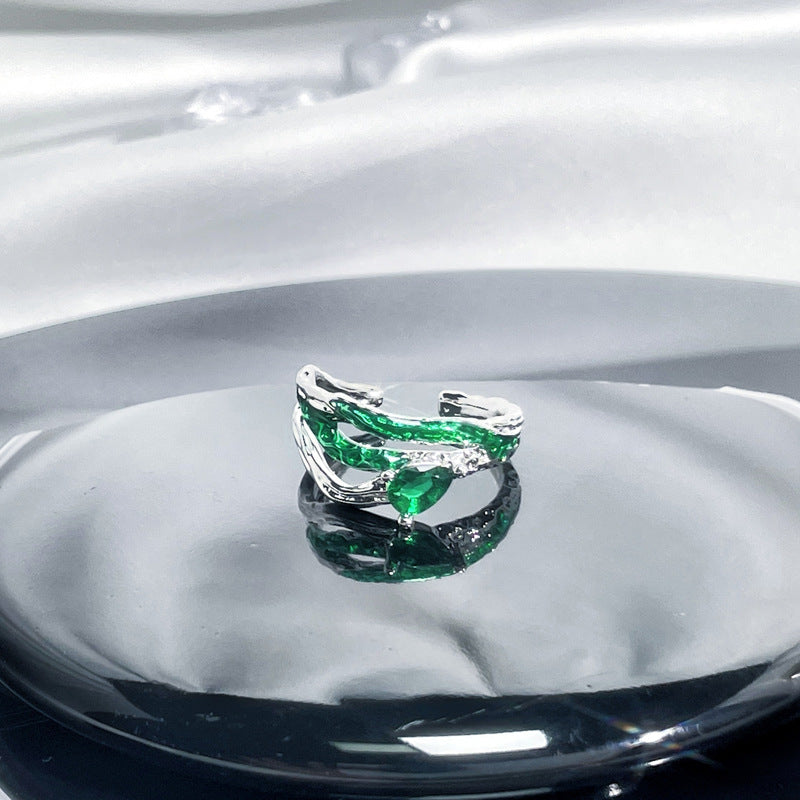 Women's Retro Green Zircon Drip Glazed Temperamental Cold Rings