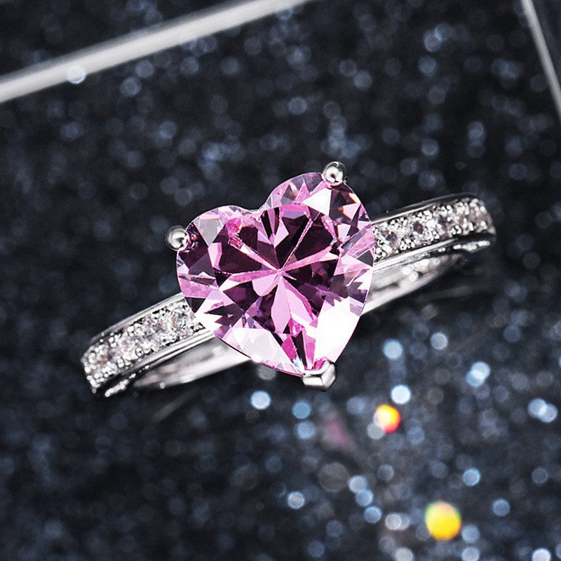 Women's Wedding Inlaid Heart-shaped Pink Diamond Zircon Rings