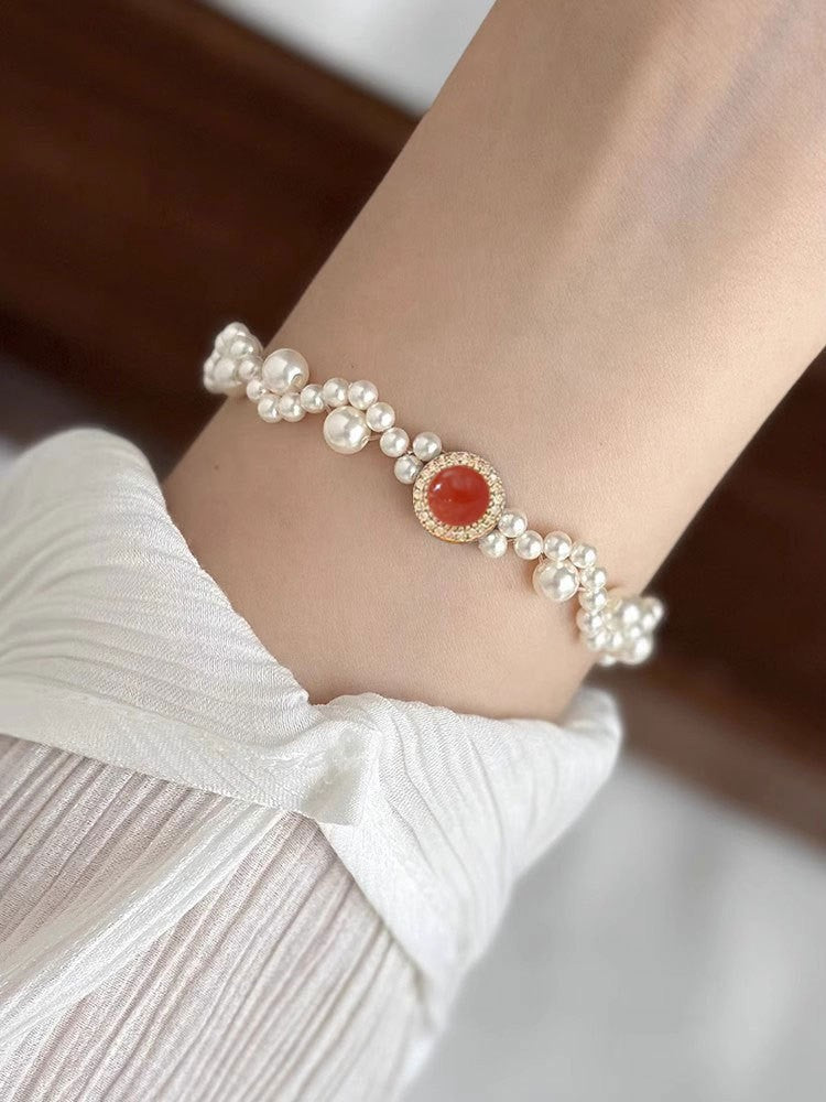 Potato Sier Inlay Red Agate Pearl Necklaces