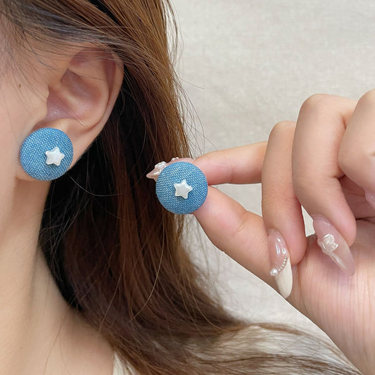 Women's Denim Blue Fabric Ball Sier Needle Love Earrings