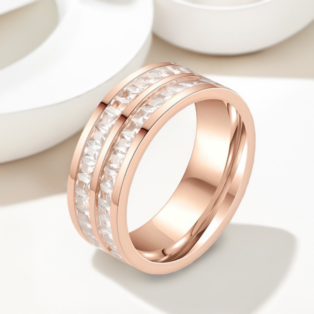 Titanium Steel Small Square Full Rhinestone Zircon Rose Gold Rings