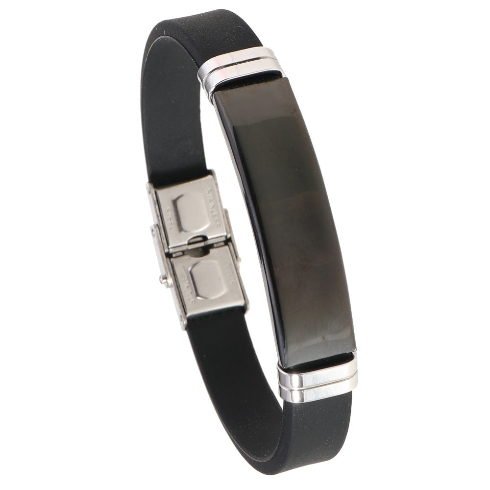 Men's Simple Lettering Black Stainless Steel Silica Gel Bracelets