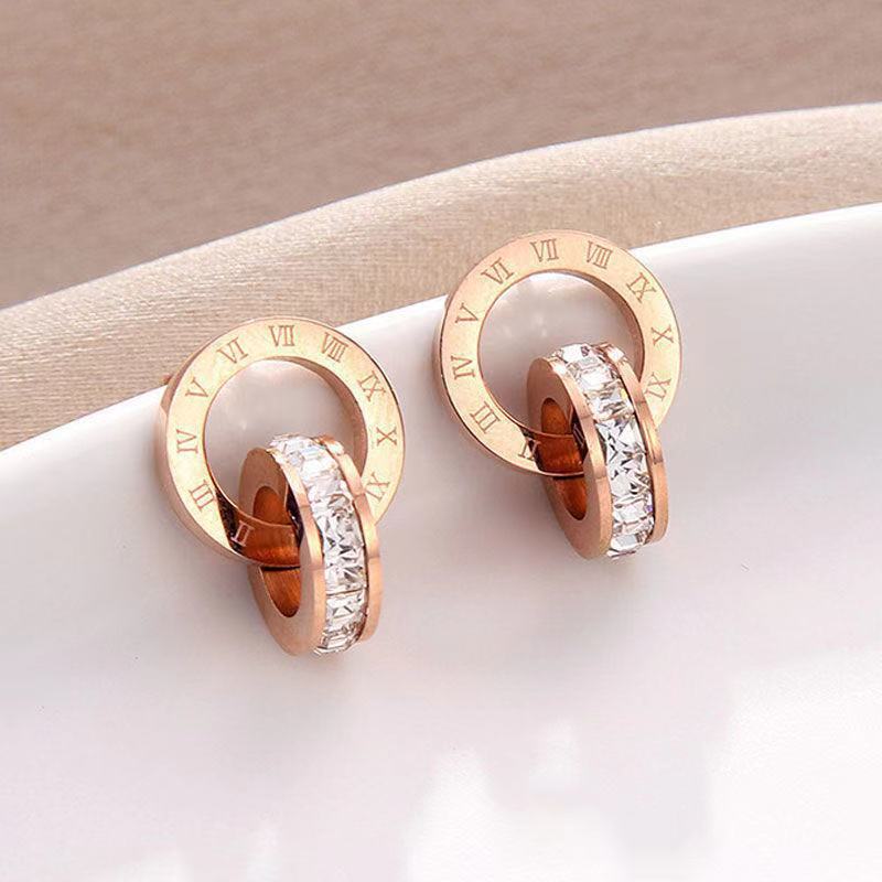 Roman Diamond Creative Rose Gold Titanium Steel Female Double Earrings