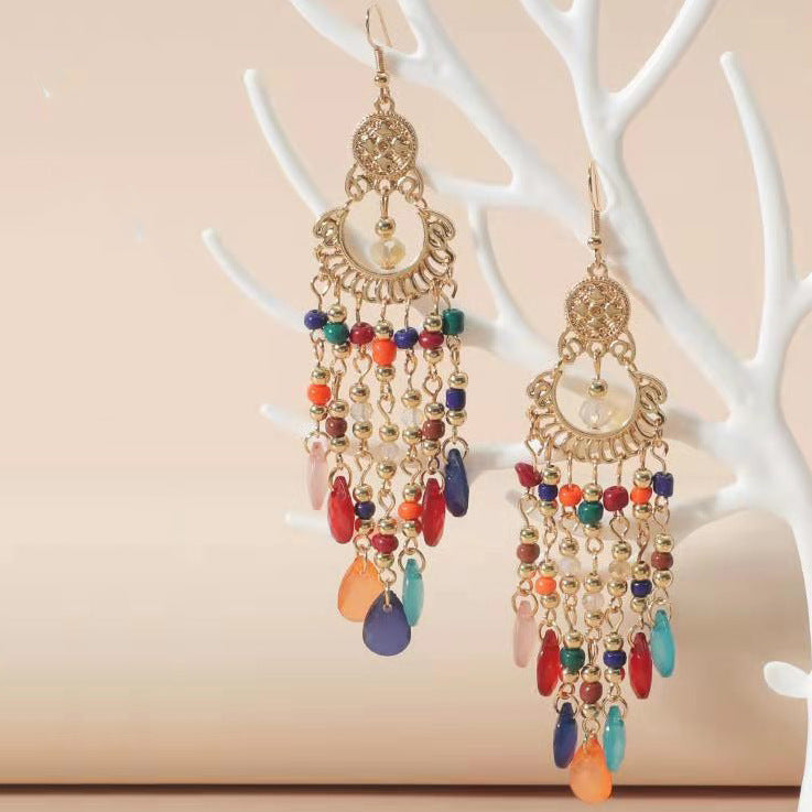 Retro Ethnic Style Long Tassel Bead Bohemian Earrings