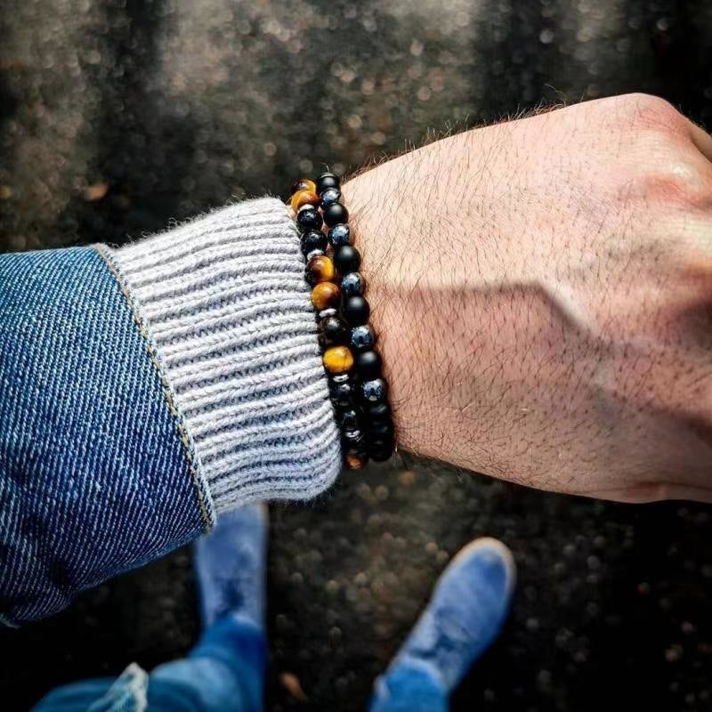 Men's Beaded Suit Map Stone Haematite Cross Bracelets